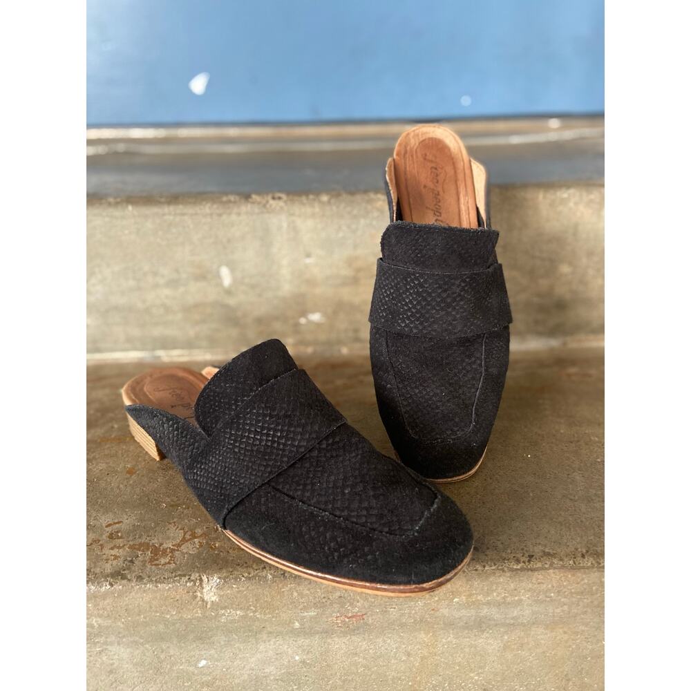 Free People black embossed suede slip on mule